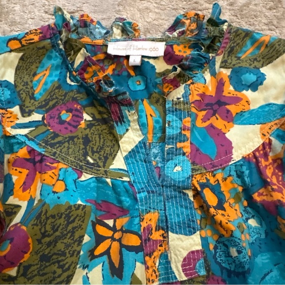 House of Harlow 1960 Vibrant Floral Ruffle Sleeve Boho Blouse Top Size Large - Picture 3 of 11